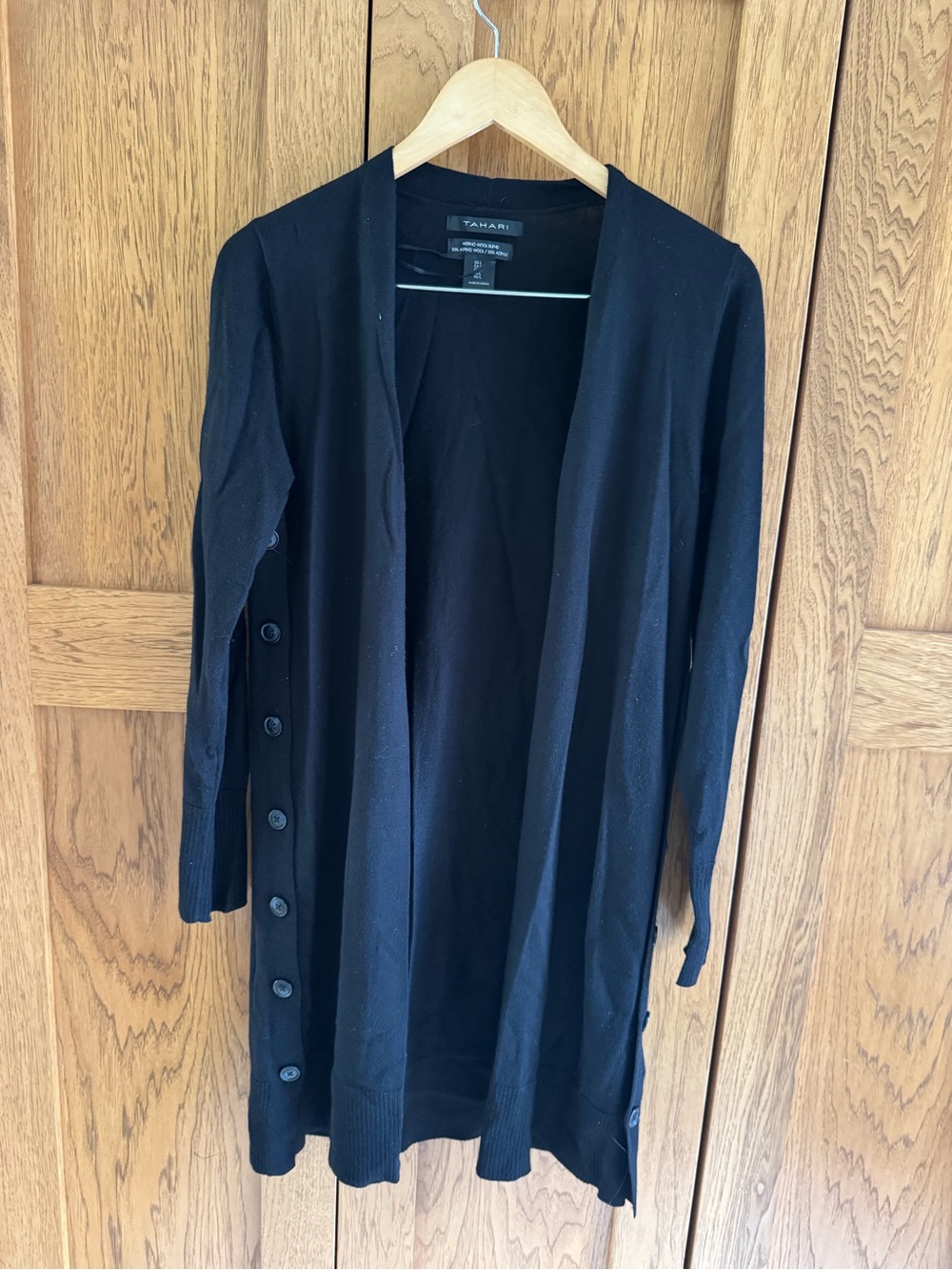 Tahari Black Long Open-Front Cardigan with Side Buttons